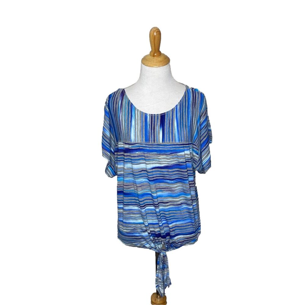 New Directions Tie Front Blue Grey Mixed Stripes Top Blouse Size Medium